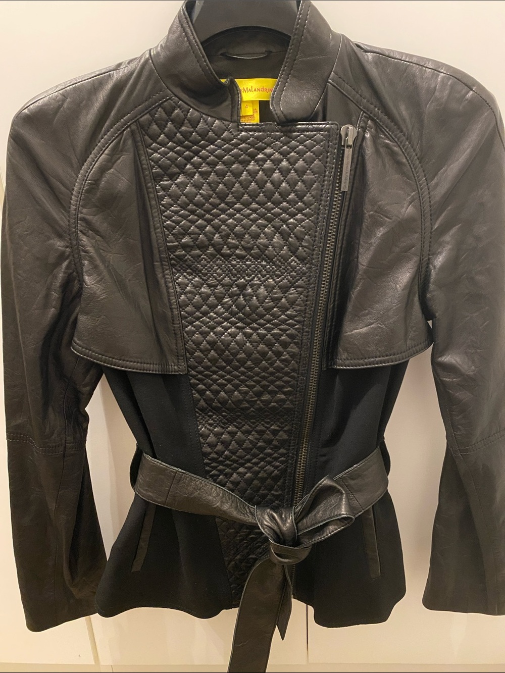 Catherine Malandrino Black Quilted Leather-Trim Belted Jacket